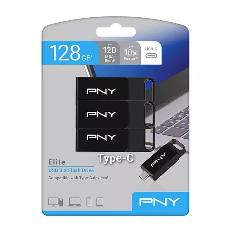 PNY Elite 128 GB USB-C 3.2 Gen 1 pen USB, pack de 3 (Retail)