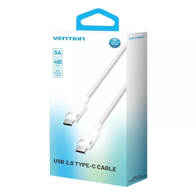 Cabo USB-C para USB-C Vention TRDWF — 1 m, USB 2.0, 60 W Power Delivery, 3 A, branco