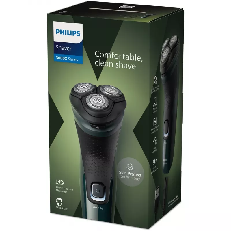 Máquina de barbear rotativa elétrica Philips 3000X Series X3002/00 – máquina de barbear de 3 cabeças húmido e seco, sem fios, bateria NiMH, 40 minutos de autonomia