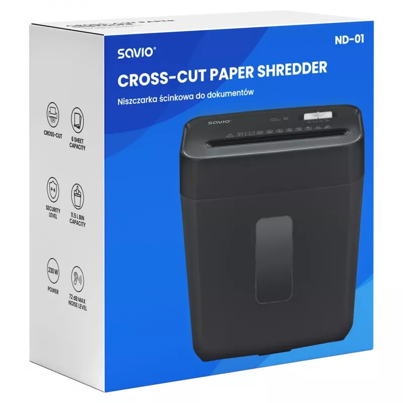 Destruidora de documentos SAVIO ND-01, corte cruzado 4 x 32 mm, depósito 11 L, 230 W, preto, 72 dB