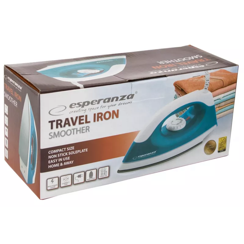 Ferro de engomar a seco Esperanza TRAVEL IRON SMOOTHER — 1200 W, base antiaderente, cabo 1.4 m, indicador de temperatura, design de viagem