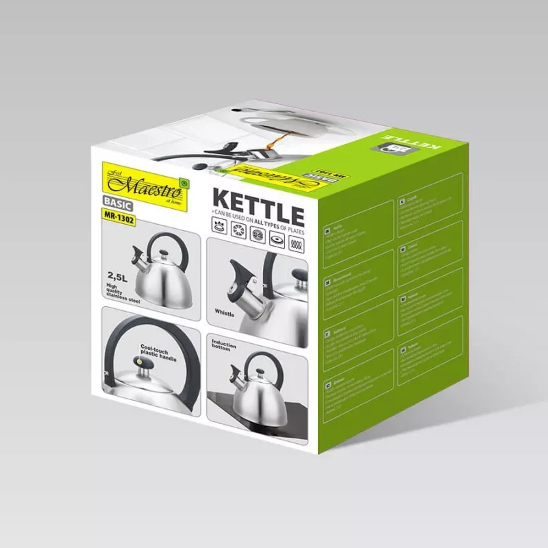 Chaleira Maestro MR1302 aço inoxidável 2,5 L, adequada para indução, apito com tampa articulada, pega preta