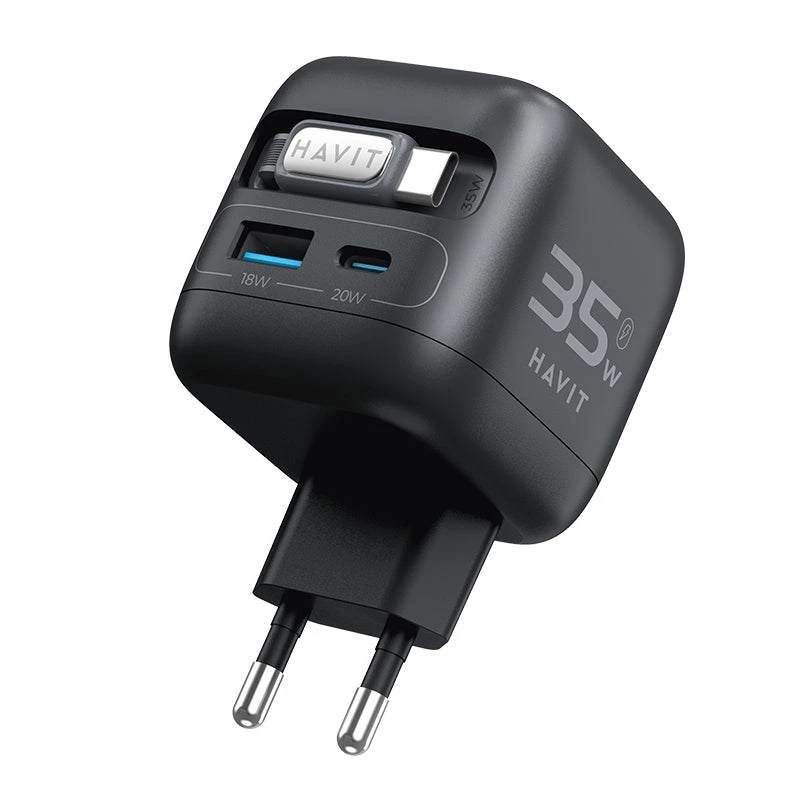 Havit UC250 A-EU carregador de viagem GaN com cabo extensível, preto