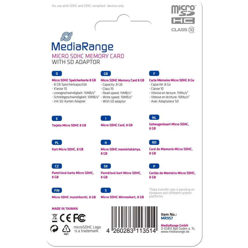 Micro SDHC 8GB C10/W/ADAPTER MR957 Mediarange