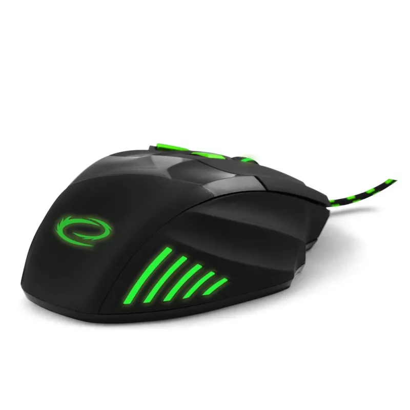Rato gaming com fios ESPERANZA EGM201G — destro, ótico 2400 DPI, 7 botões, USB Type-A, cabo 1,5 m, preto/verde