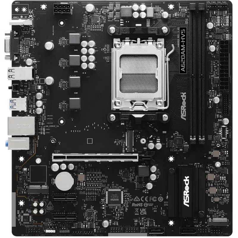 Motherboard ASRock A620AM-HVS Micro ATX — chipset AMD A620A, Socket AM5, DDR5, 2 DIMM, até 128 GB, HDMI 2.1, M.2 2280