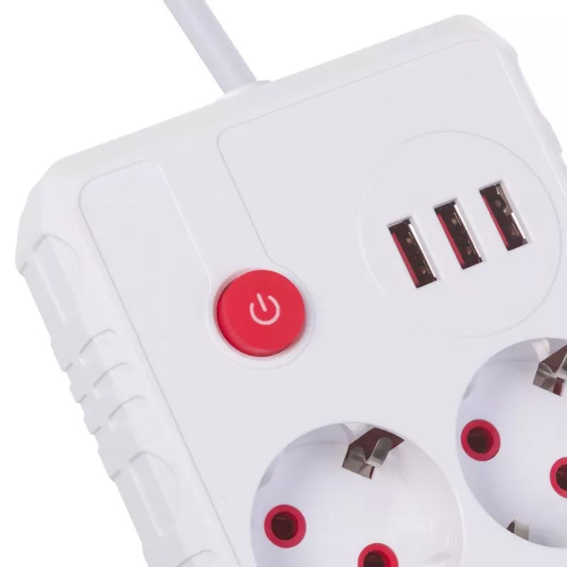 Extensão elétrica MACLEAN MCE388 W – 2 tomadas, 3×USB, 110–240V, 2500W, cabo de 3 m, branco