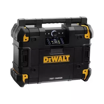 Rádio portátil DeWalt DWST1-81078-QW — sintonizador digital AM/FM, ecrã LED, 4 altifalantes, funcionamento AC/DC, porta USB, saída AUX