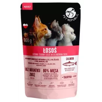 Saqueta de comida húmida para gatos PetRepublic CAT saqueta para gatos adultos 100 g, filetes com tiras de salmão