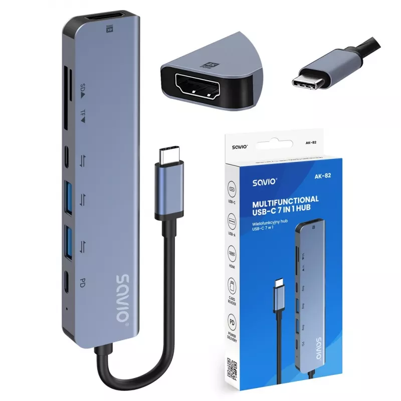 Hub USB Type-C SAVIO AK-82 com HDMI, MicroSD, USB 3.2 Gen1, PD pass-through, 4K@30Hz, 5000 Mbit/s, preto