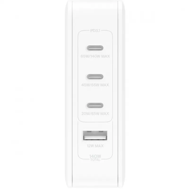 Carregador de parede 140W 4 portas (3xC 1xA) ficha UK, EU, US branco