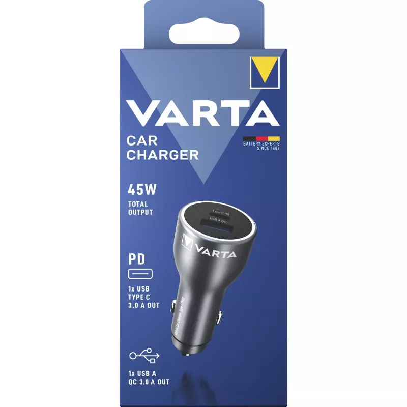 Carregador de automóvel Varta 57933101111, 45W total, 1× USB-A, 1× USB-C