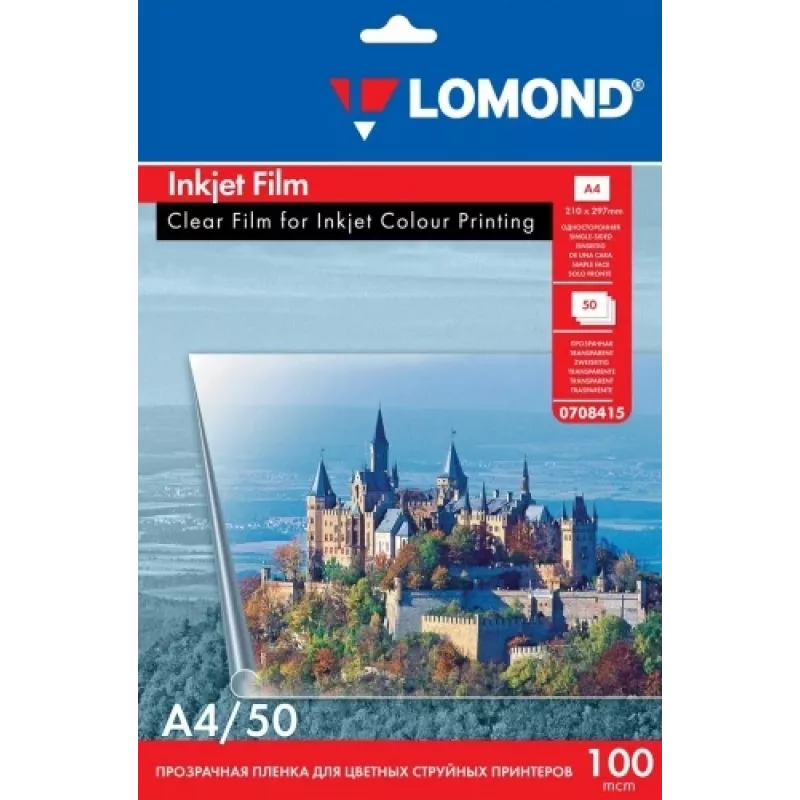 Película PET Lomond para impressoras a jato de tinta transparente A4, 50 folhas