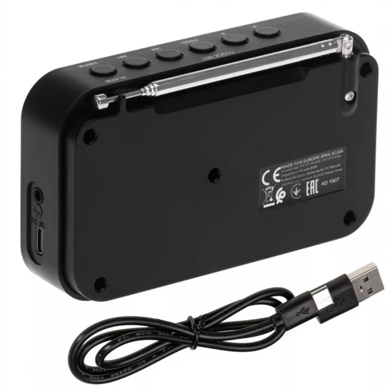 Adler AD 1907 rádio digital PLL, AM/FM, 40 estações pré-definidas, alarme com soneca, USB-C, bateria recarregável integrada, ficha de 3,5 mm, branco/preto