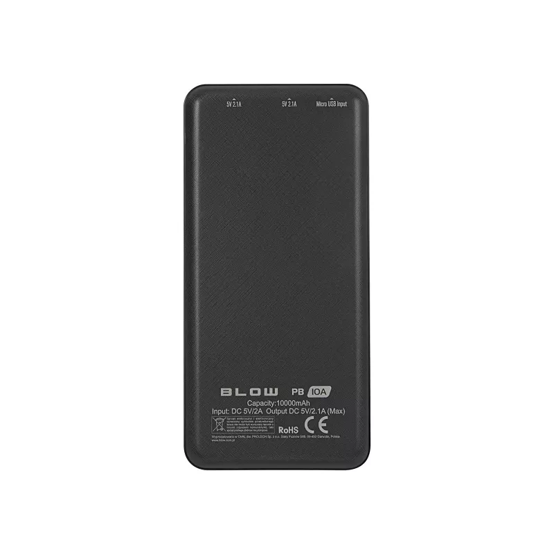Powerbank portátil BLOW PB10A 10000mAh bateria de polímero, 2 saídas USB-A, 22,5W de potência total, entrada Micro-USB, preto