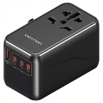 Carregador Vention FJGB0 100W GaN com 3× USB-C e 1× USB-A, preto