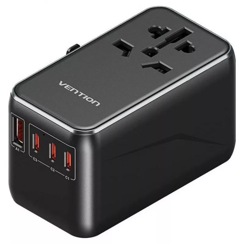 Carregador Vention FJGB0 100W GaN com 3× USB-C e 1× USB-A, preto