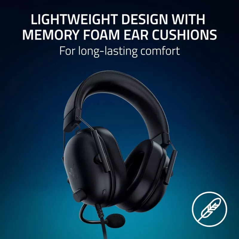 Headset gaming com fios Razer BlackShark V2 X — binural, 3,5 mm, 32 Ω, 12–28000 Hz, microfone de haste -42 dB, 270 g