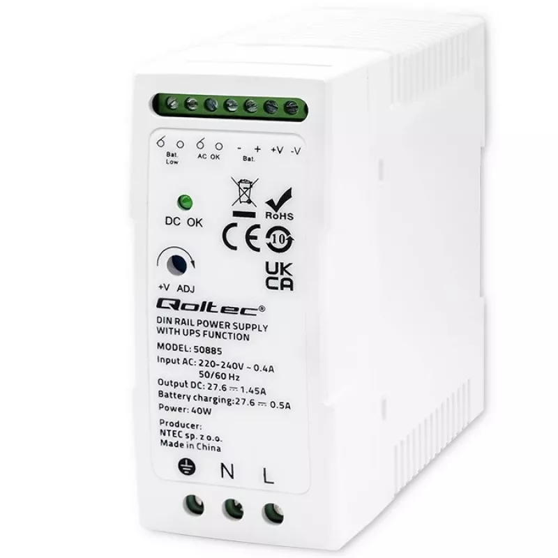 Qoltec 50885 Fonte de alimentação estável para calha DIN com função UPS | 40W