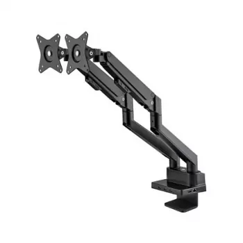 Suporte de secretária duplo Manhattan para TV e monitores (Full Motion mola a gás) com dock integrado, para ecrãs até 27 polegadas, ligações (x7): Ethernet, HDMI (x2), USB-A (x3) e USB-C, Power Delivery (100 W) para a ligação USB-C (requer fonte de alimentação/cabo USB-C separado), VESA: 75x75 e 100x100 mm