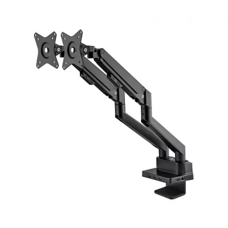 Suporte de secretária duplo Manhattan para TV e monitores (Full Motion mola a gás) com dock integrado, para ecrãs até 27 polegadas, ligações (x7): Ethernet, HDMI (x2), USB-A (x3) e USB-C, Power Delivery (100 W) para a ligação USB-C (requer fonte de alimentação/cabo USB-C separado), VESA: 75x75 e 100x100 mm