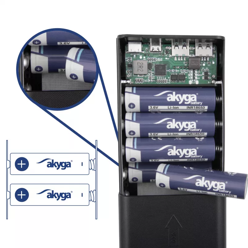 Akyga AK-BC-05 Caixa para power bank 37000 mAh, 12x 18650, 22,5W, Qi, USB-C, 2x USB-A, Lightning