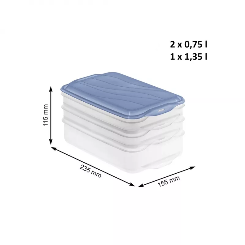 Conjunto de recipientes de armazenamento de alimentos Rotho Rondo 2×0,75 L + 1×1,35 L transparente azul hermético empilhável