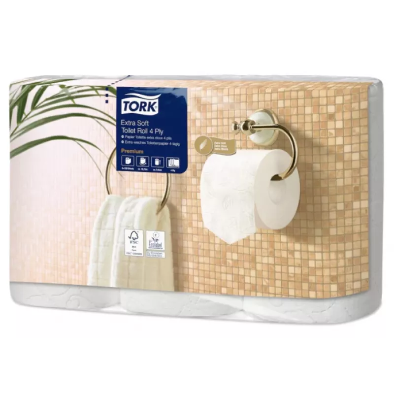 Papel higiénico Tork Premium Extra Soft Conventional T4 — rolos de 4 folhas 9,7 cm x 19,1 m, pacote de 6