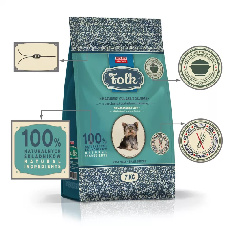FOLK raças pequenas tradicional panela masúria de caça com beterraba e arandos - comida seca para cães - 7kg