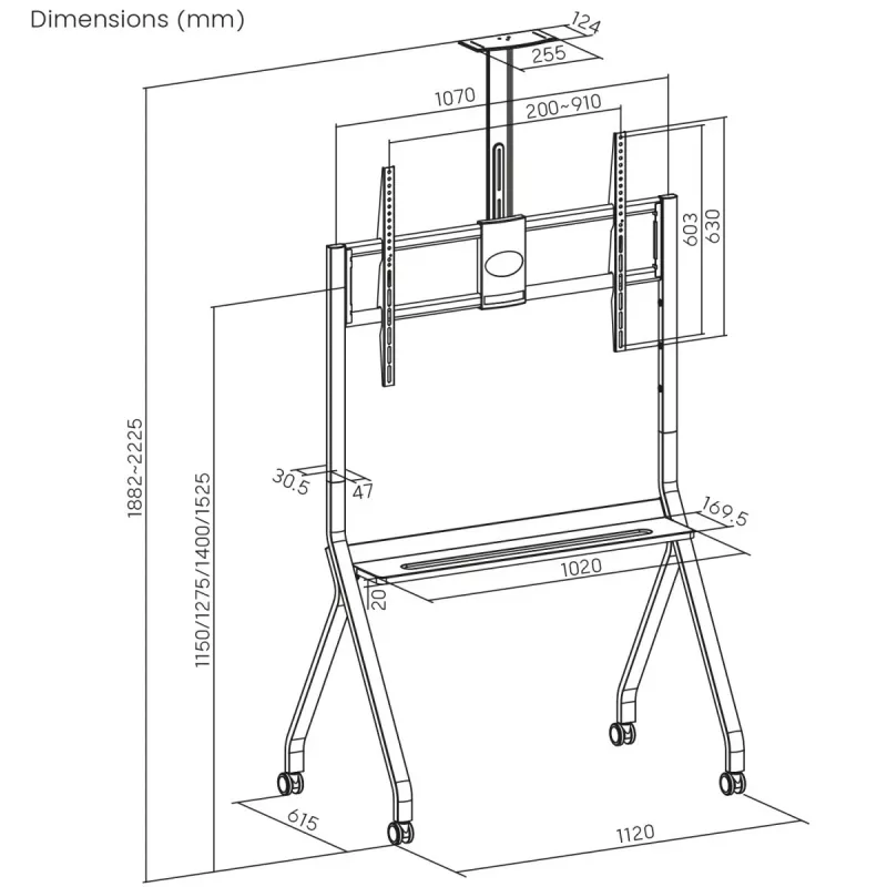 Suporte de TV de chão MACLEAN MC-114 W para ecrãs 55-100 polegadas, branco, VESA até 900x600, carga máxima 120 kg, altura 115–152 cm, prateleira