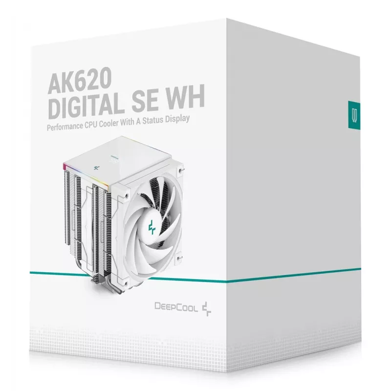 Arrefecedor de ar DeepCool AK620 Digital SE White — duas ventoinhas de 120 mm, 6 heatpipes, PWM, suporte LGA-1700, ecrã integrado