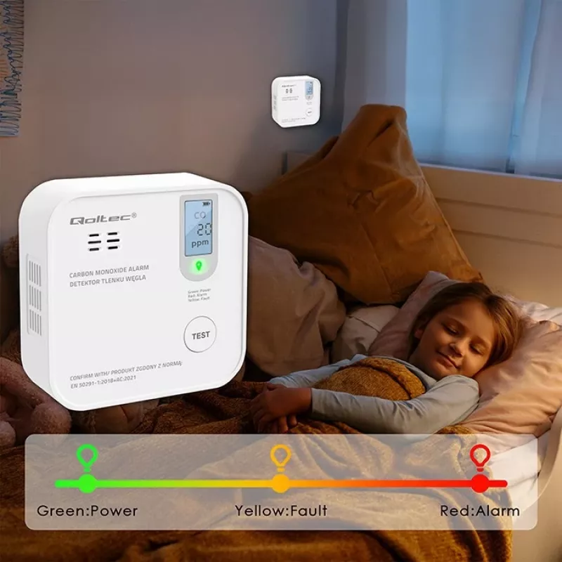 Sensor de monóxido de carbono QOLTEC 52577 — alarme a pilhas, nível sonoro 85 dB