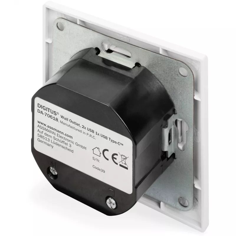 DIGITUS DA-70618 - saída USB - USB, USB Type-C - 2 portas USB, 1 conector fêmea USB-C - 3,1 A - RAL 9003, branco sinal