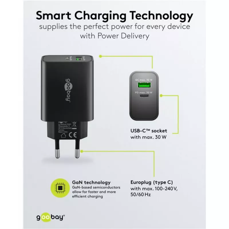 Carregador rápido duplo Goobay USB-C PD GaN 30 W preto (75335)