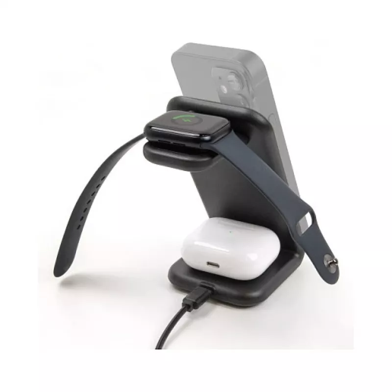 DELOCK 66941 Carregador sem fios 3-em-1 para smartphone smartwatch auscultadores USB Type-C 15 W interior preto