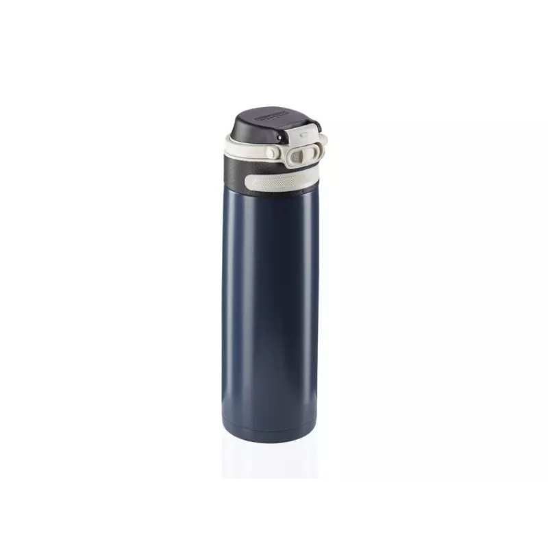Caneca de viagem Leifheit 03275 600 ml aço inoxidável, parede dupla, à prova de fugas, tampa articulada, asa, preta/azul