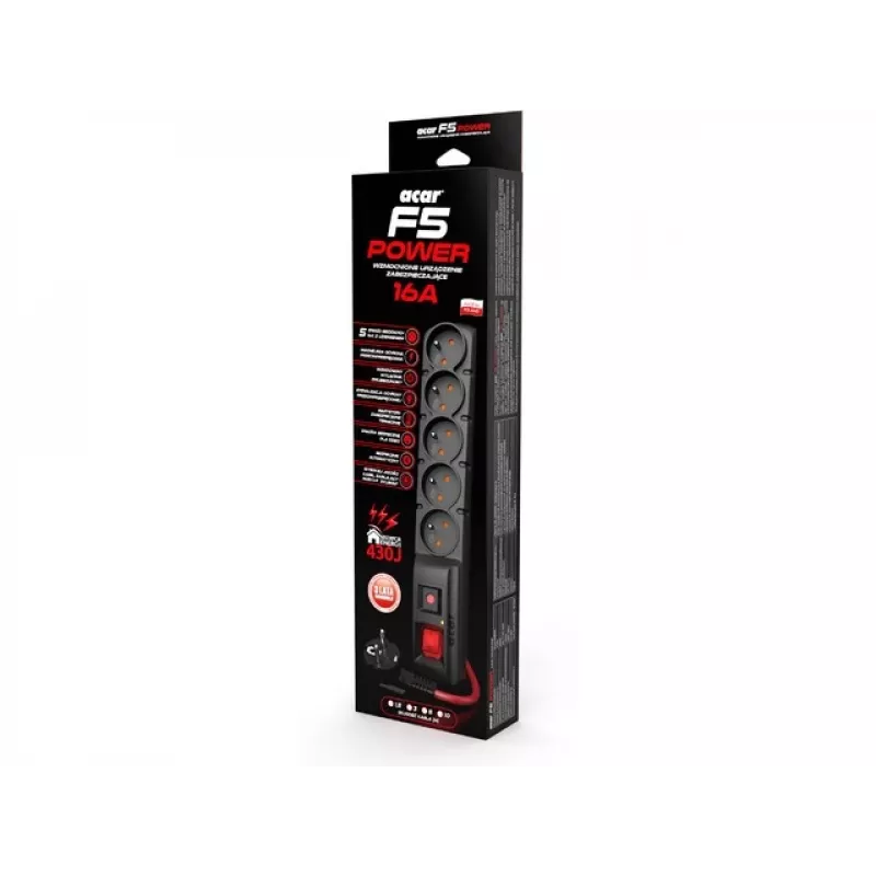 ACAR F5 POWER preto 5 tomadas AC 230 V 3 m