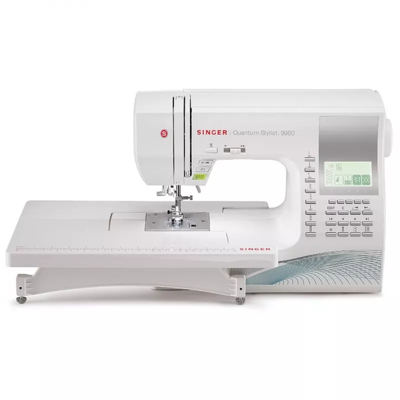 Máquina de costura SINGER Quantum Stylist 9960 — 600 pontos, 13 programas automáticos de casa de botão, sistema de braço livre