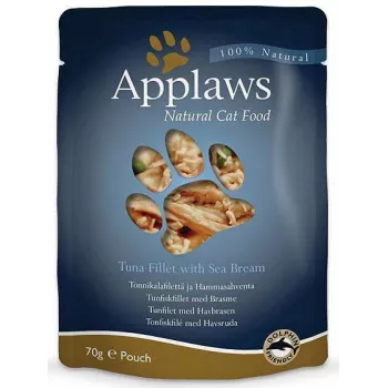 Alimento húmido para gatos Applaws Filete de Atum com Dourada 70 g — adulto, 16% proteína, 1% gordura, saqueta sem glúten e sem soja