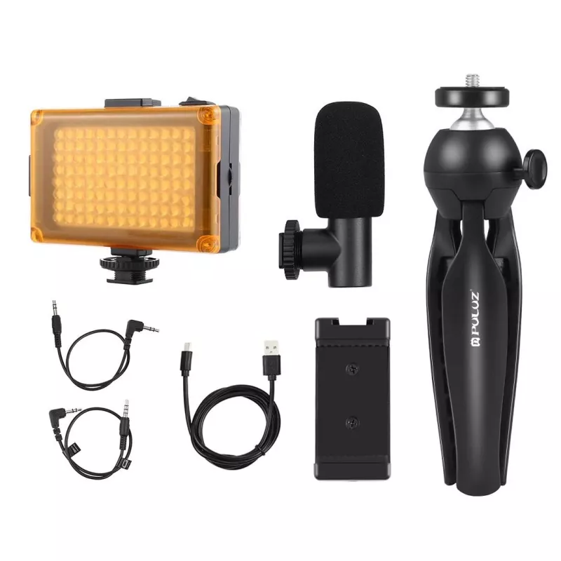 Tripé com luz LED, microfone e suporte para telemóvel Puluz PKT3132B – conjunto compacto de gravação ao vivo