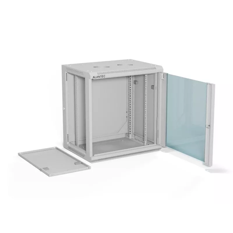 Armário de parede 19 polegadas Alantec 12U 600x450 mm, porta única de vidro, painéis traseiro e laterais completos removíveis, com fecho, 4 calhas de montagem, cinzento, embalagem plana