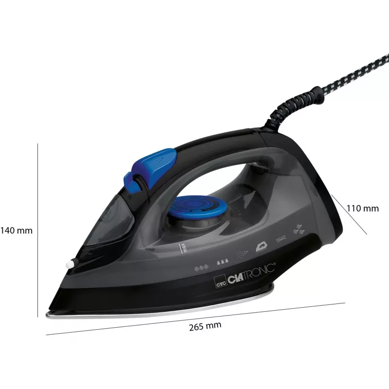Ferro CLATRONIC DB 3703 — Ferro a seco e a vapor, base em aço inoxidável, 1800 W, preto/cinzento
