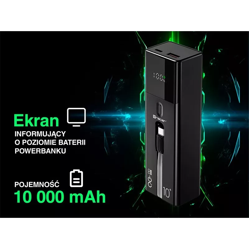 Powerbank portátil TRACER Quant 10000 mAh Li-Ion, PD & QC3.0, 3 ligações (2×USB-C, 1×USB-A), 100W, preto