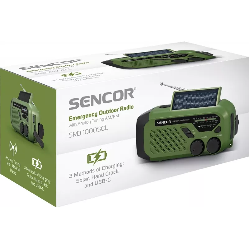 Rádio portátil FM/AM SENCOR SRD1000SCLGR com Bluetooth, carregamento solar/manivela/USB-C, bateria de 2000 mAh, IPX4, luzes LED