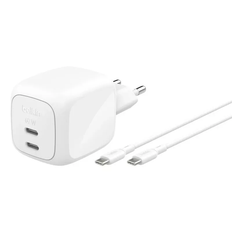 Carregador rápido AC de interior Belkin WCH020KQ2MWH-B6 – 2x USB-C, 2 m cabo integrado, branco