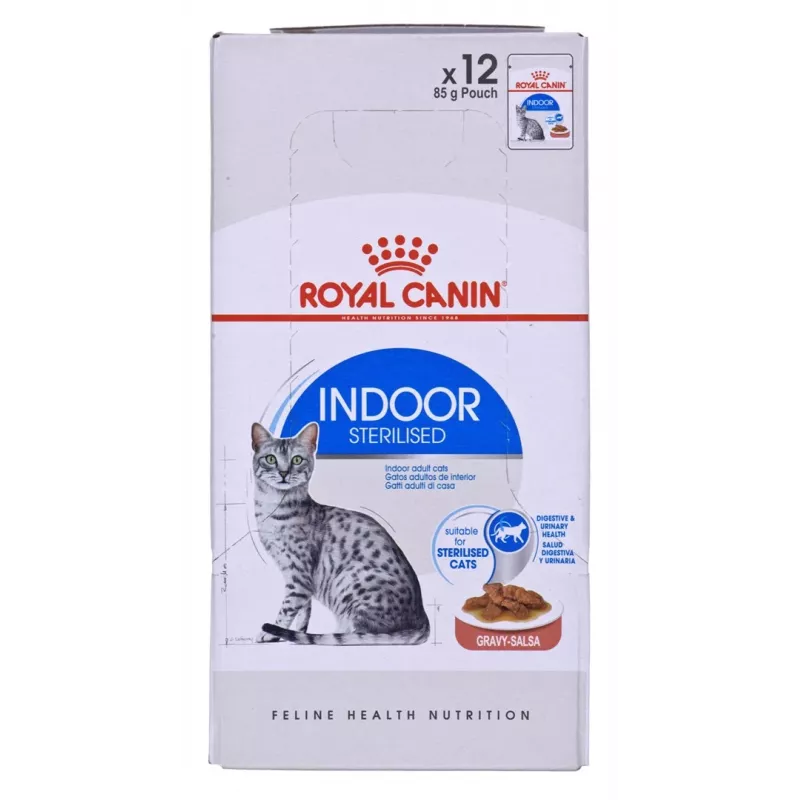 Comida húmida para gatos Royal Canin Indoor Sterilized 85 g saqueta — gatos adultos esterilizados de interior, sabor a aves, pack de 12 x 85 g