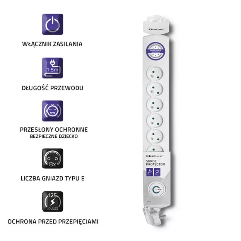 Proteção contra sobretensões Qoltec 50293 branco 8 tomadas AC 230 V