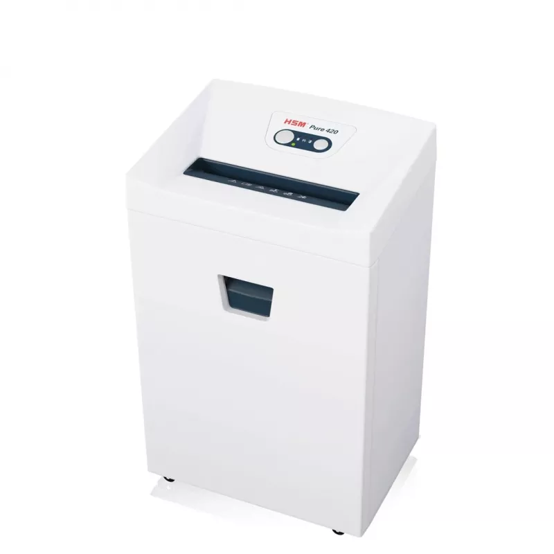 Destruidora de documentos HSM Pure 420 — corte em partículas P-4, largura de trabalho 24 cm, capacidade 15 folhas, recipiente 35 L, branco