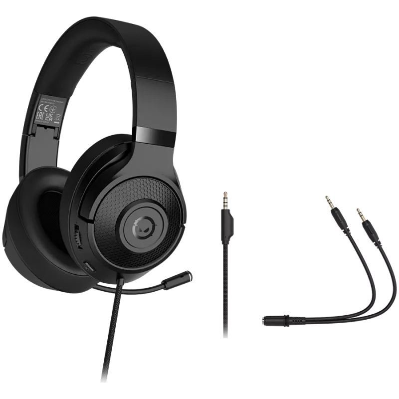 LORGAR Noah 101, headset gaming com microfone, ligação jack 3,5 mm, comprimento do cabo 2 m, design dobrável, almofadas de couro ecológico PU, tamanho: 185*195*80 mm, 0,245 kg, preto