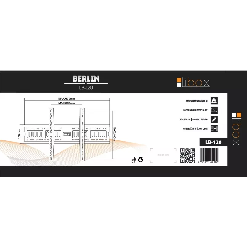 Libox Berlin LB-120 suporte de parede para TV de 37–70 polegadas (até 85 polegadas / 2,16 m), máx. 50 kg, preto